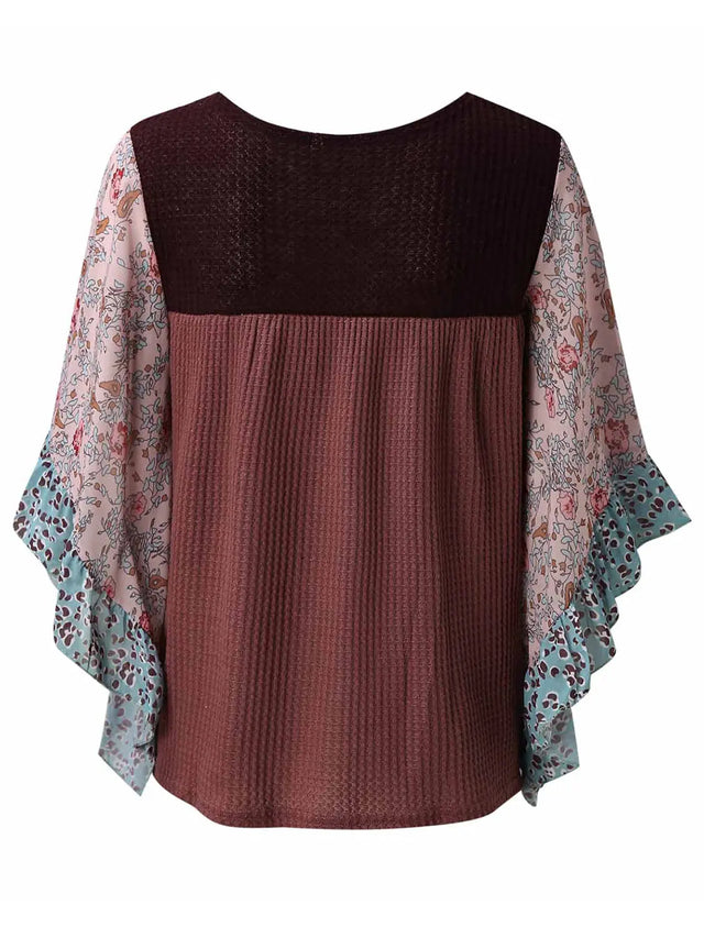 Full Size Printed Round Neck Three-Quarter Sleeve Blouse Trendsi Hanalas