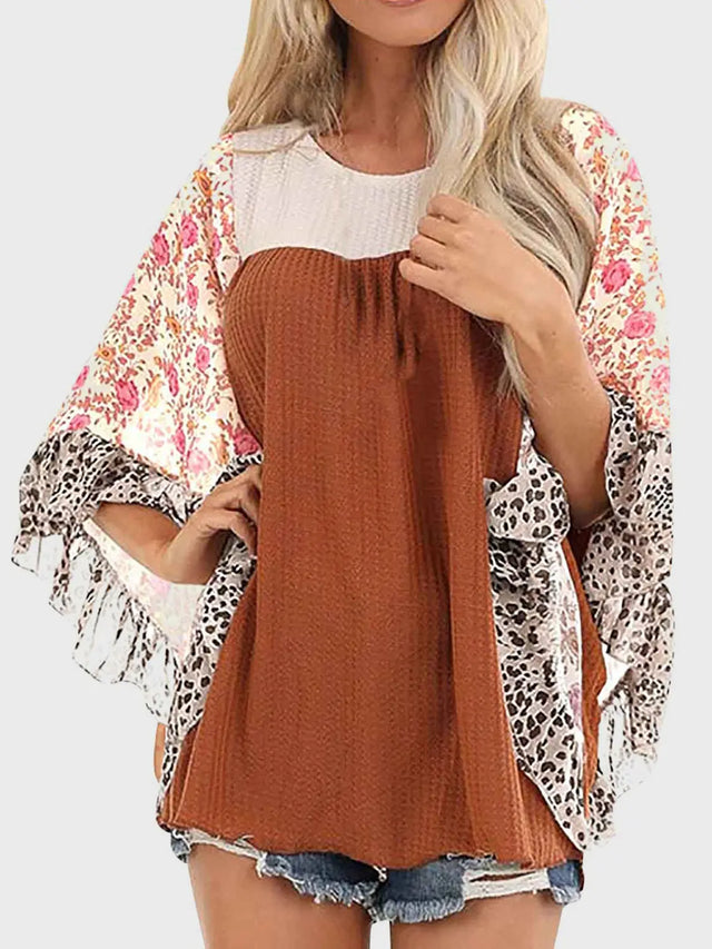 Full Size Printed Round Neck Three-Quarter Sleeve Blouse Trendsi Hanalas