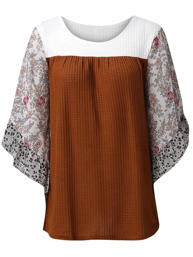 Full Size Printed Round Neck Three-Quarter Sleeve Blouse Trendsi Hanalas