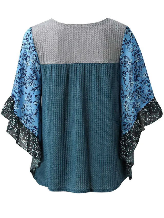 Full Size Printed Round Neck Three-Quarter Sleeve Blouse Trendsi Hanalas