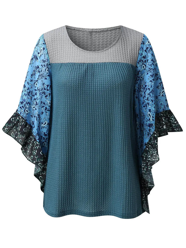 Full Size Printed Round Neck Three-Quarter Sleeve Blouse Trendsi Hanalas