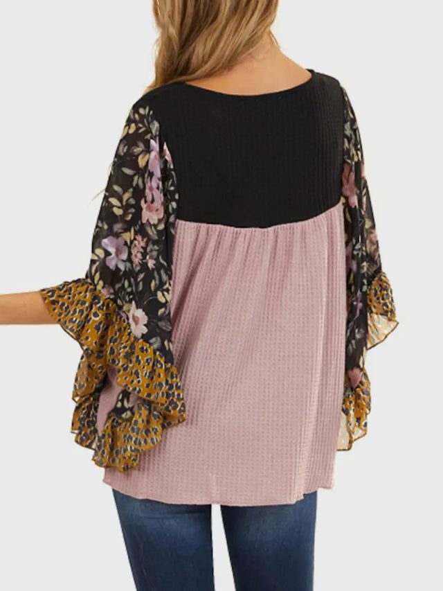 Full Size Printed Round Neck Three-Quarter Sleeve Blouse Trendsi Hanalas