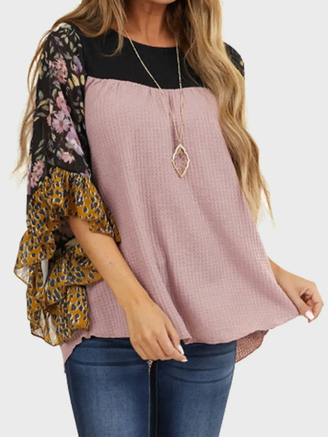 Full Size Printed Round Neck Three-Quarter Sleeve Blouse Trendsi Hanalas