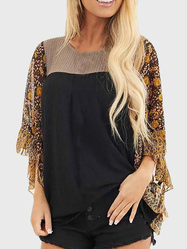 Full Size Printed Round Neck Three-Quarter Sleeve Blouse Trendsi Hanalas