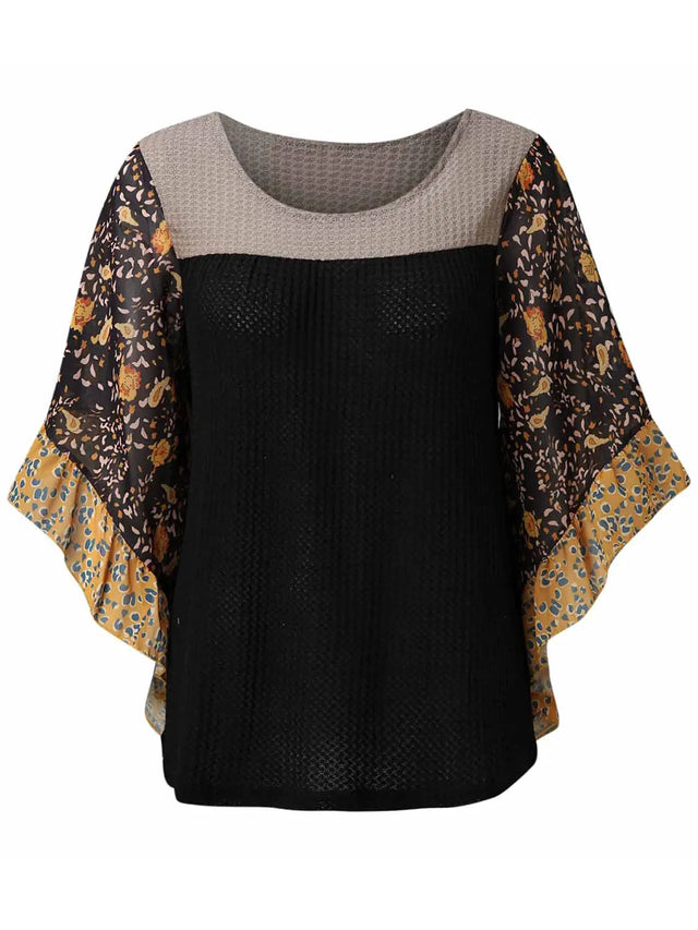 Full Size Printed Round Neck Three-Quarter Sleeve Blouse Trendsi Hanalas