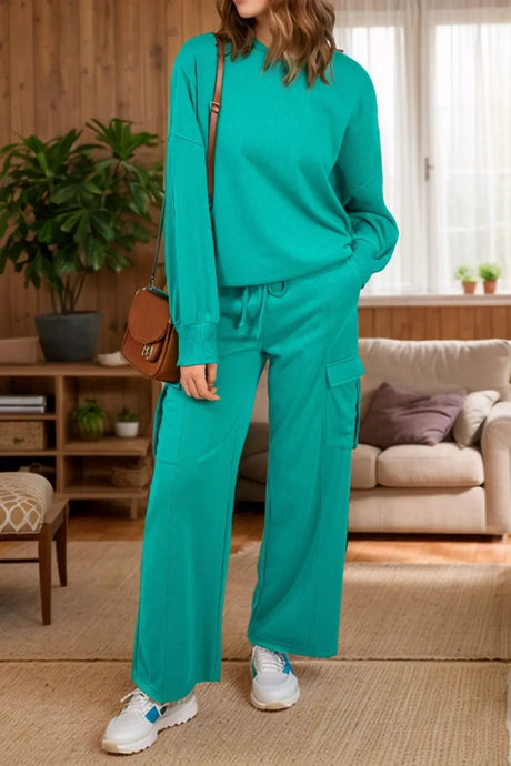 Full Size Round Neck Long Sleeve Top and Drawstring Pants Set | Hanalas