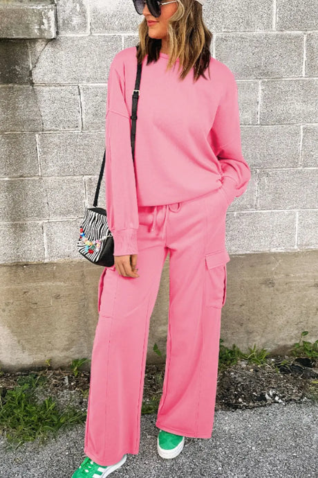 Full Size Round Neck Long Sleeve Top and Drawstring Pants Set | Hanalas