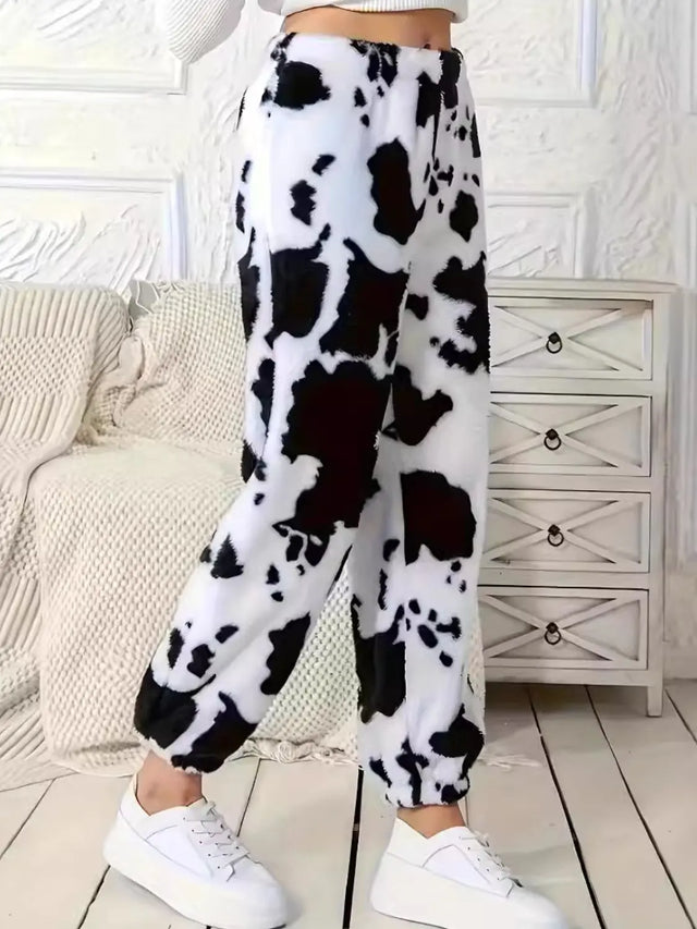 Fuzzy Cow Print Elastic Waist Pants Trendsi Hanalas