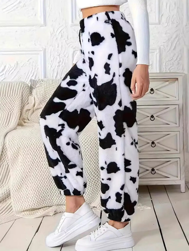 Fuzzy Cow Print Elastic Waist Pants Trendsi Hanalas