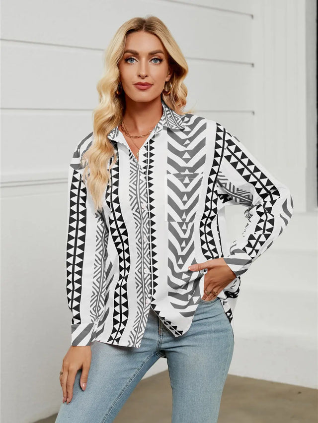 Geometric Collared Neck Long Sleeve Shirt Trendsi Hanalas