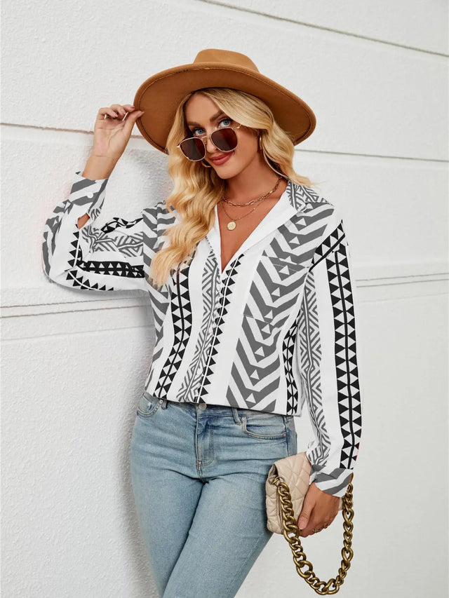 Geometric Collared Neck Long Sleeve Shirt Trendsi Hanalas