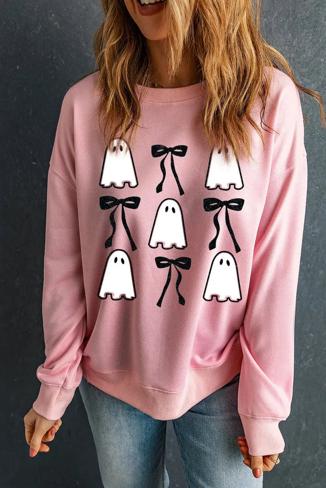 Ghost & Bow Round Neck Long Sleeve Sweatshirt Trendsi Hanalas