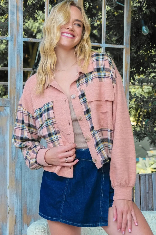 Hailey & Co Plaid Mixed Cropped Jacket Trendsi Hanalas