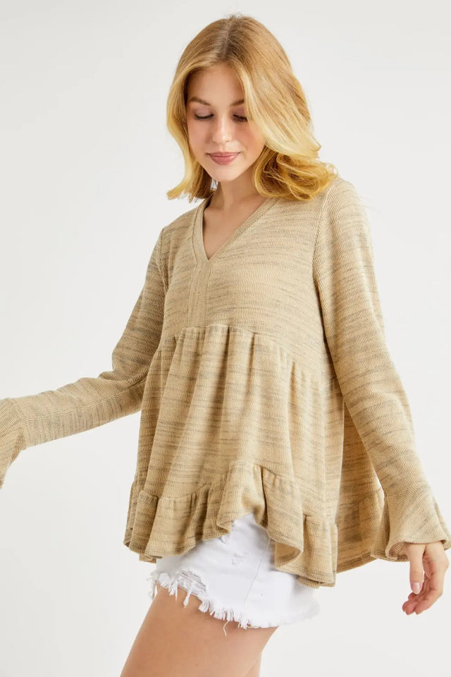 Hailey & Co V-Neck Flounce Sleeve Knit Top Trendsi Hanalas