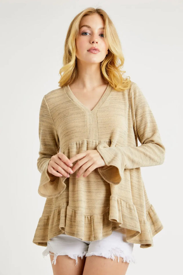 Hailey & Co V-Neck Flounce Sleeve Knit Top Trendsi Hanalas