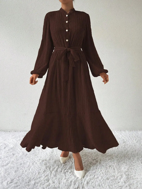 Half Button Tie Waist Long Sleeve Maxi Dress | Hanalas