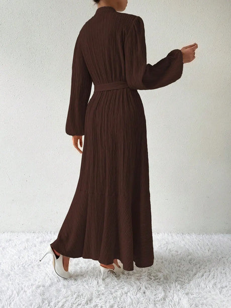 Half Button Tie Waist Long Sleeve Maxi Dress | Hanalas