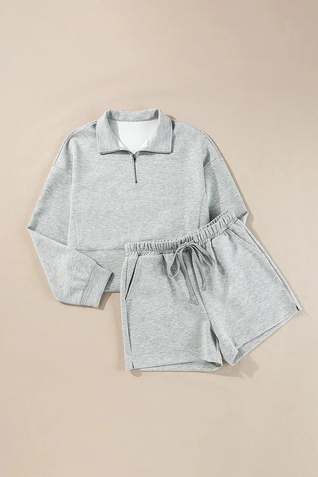 Half Zip Long Sleeve Top and Drawstring Shorts Set Trendsi Hanalas