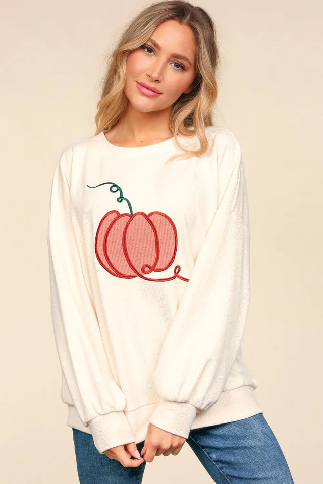 Haptics Full Size Embroidery Pumpkin Long Sleeve Knit Top Trendsi Hanalas