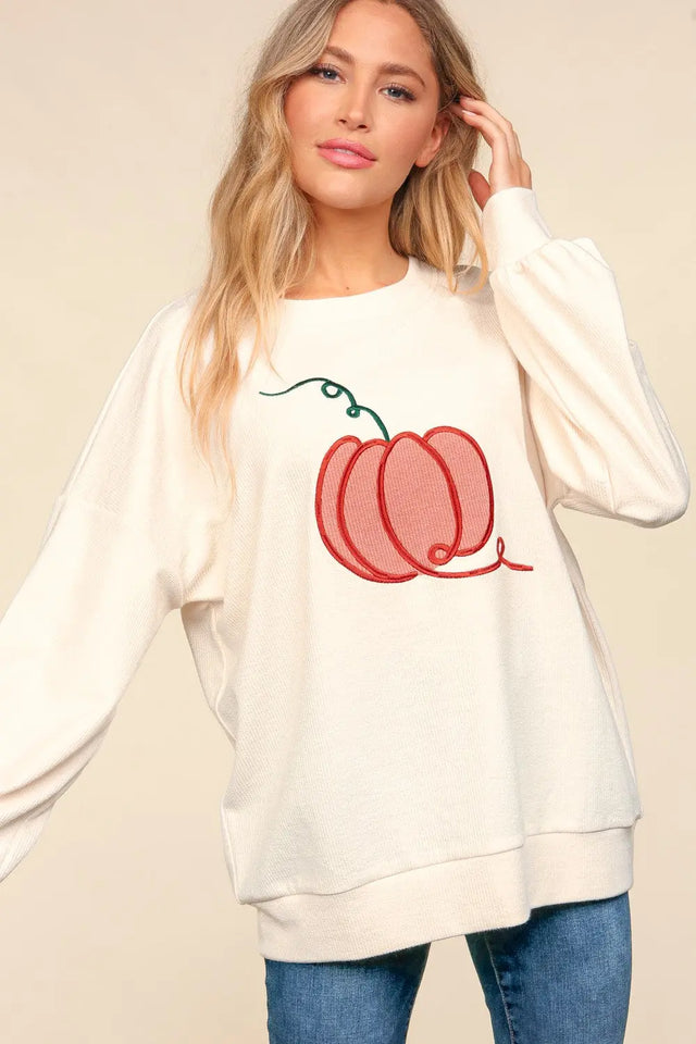 Haptics Full Size Embroidery Pumpkin Long Sleeve Knit Top Trendsi Hanalas