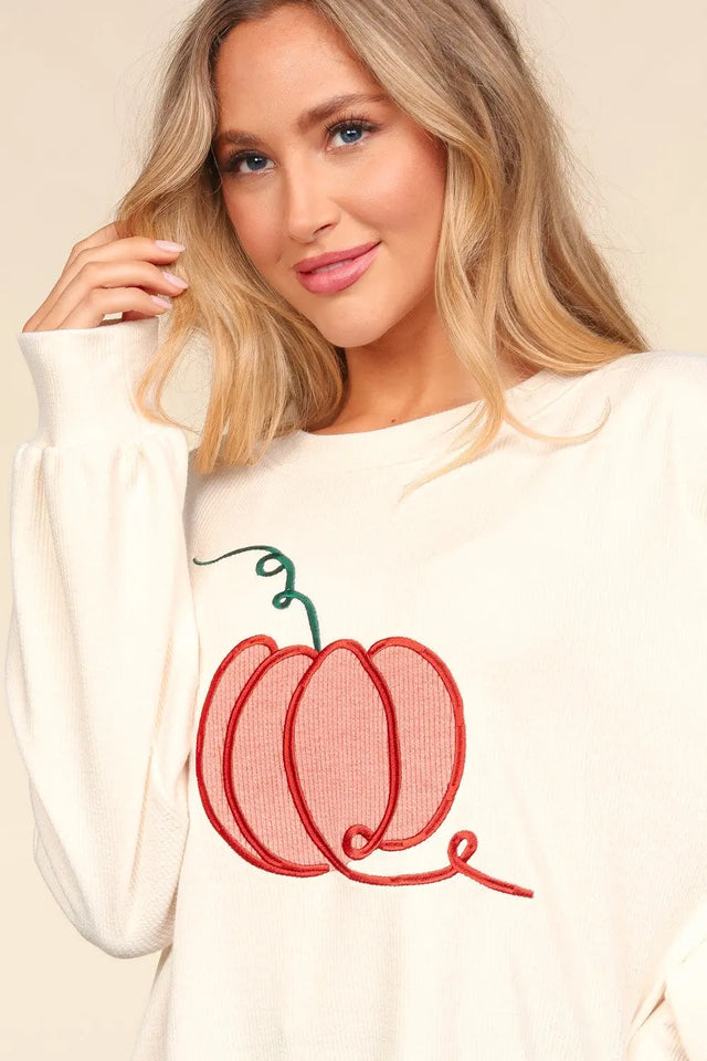 Haptics Full Size Embroidery Pumpkin Long Sleeve Knit Top Trendsi Hanalas