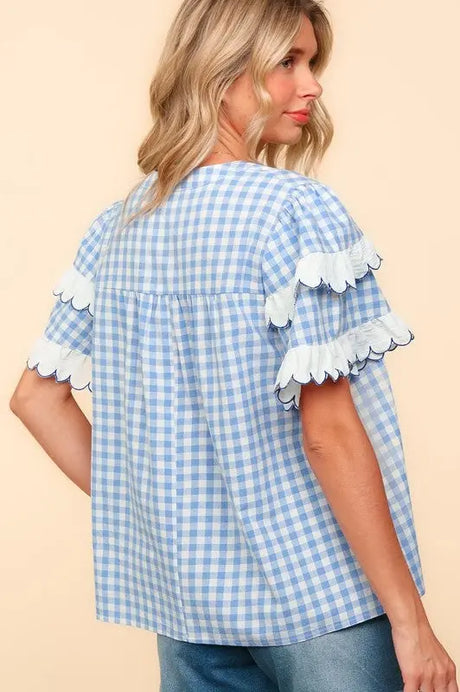 Haptics Full Size Plaid Scallop Hem Notched Short Sleeve Blouse | Hanalas