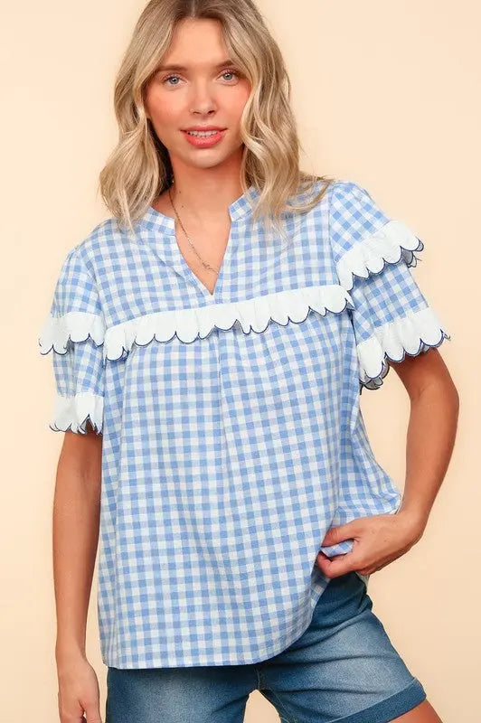 Haptics Full Size Plaid Scallop Hem Notched Short Sleeve Blouse | Hanalas