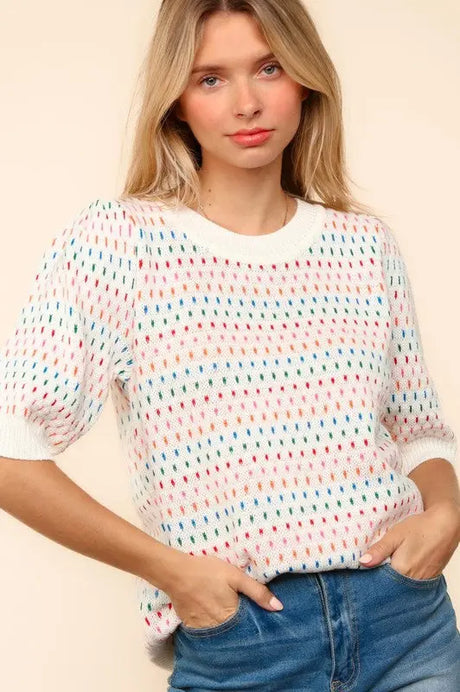 Haptics Round Neck Half Sleeve Multi Color Knit Top | Hanalas