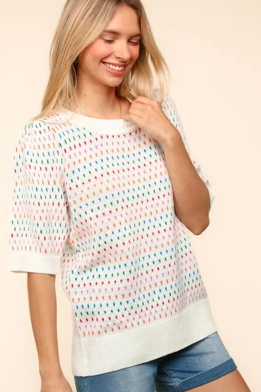 Haptics Round Neck Half Sleeve Multi Color Knit Top | Hanalas