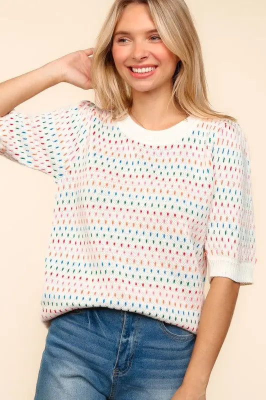 Haptics Round Neck Half Sleeve Multi Color Knit Top | Hanalas