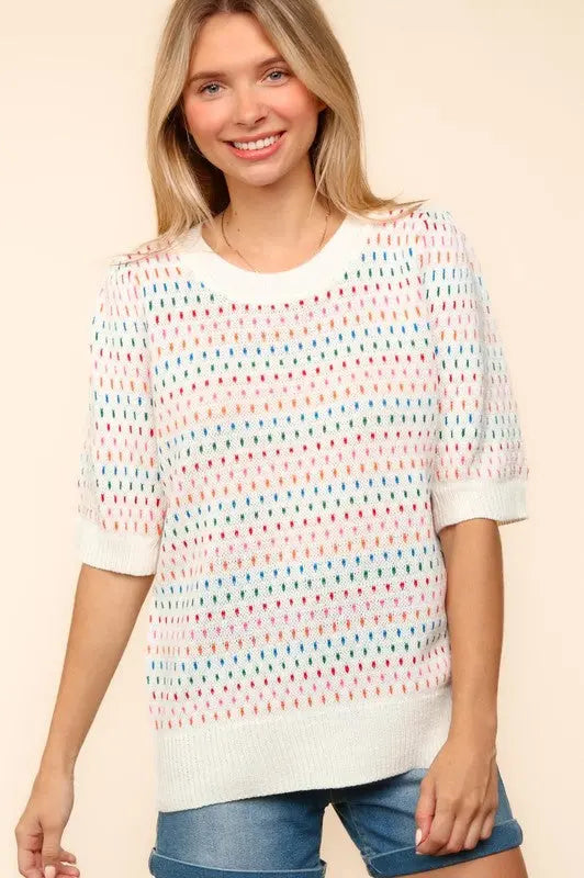 Haptics Round Neck Half Sleeve Multi Color Knit Top | Hanalas