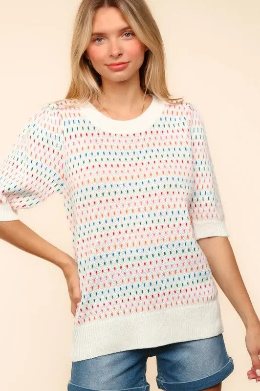 Haptics Round Neck Half Sleeve Multi Color Knit Top | Hanalas