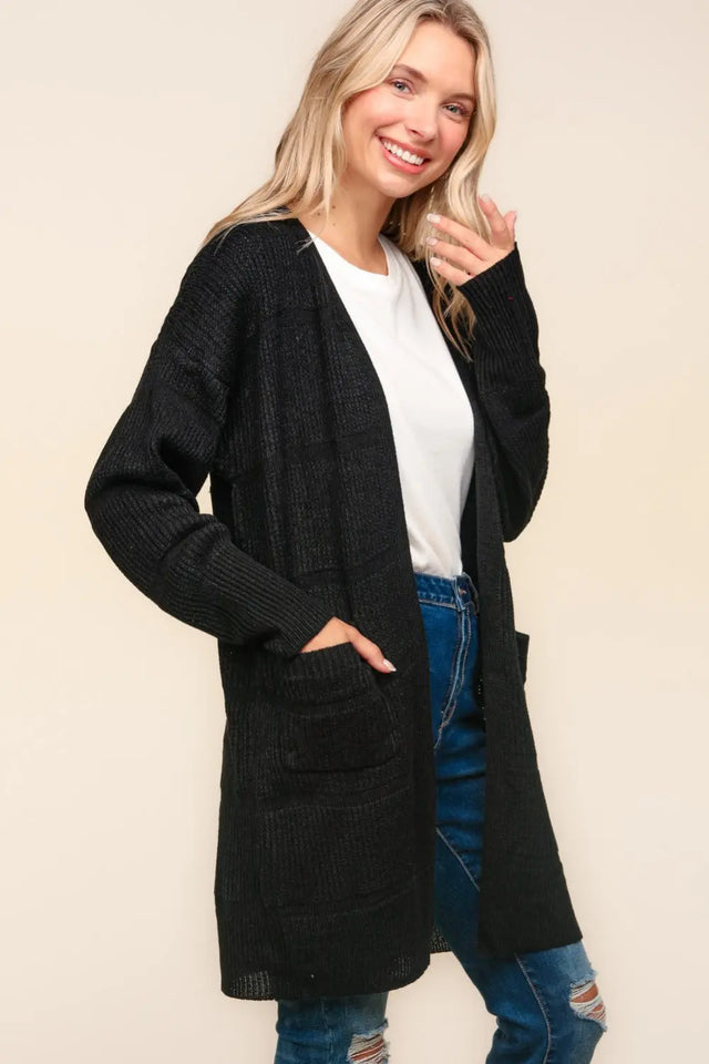 Haptics Stripe Textured Open Front Cardigan with Pockets Trendsi Hanalas