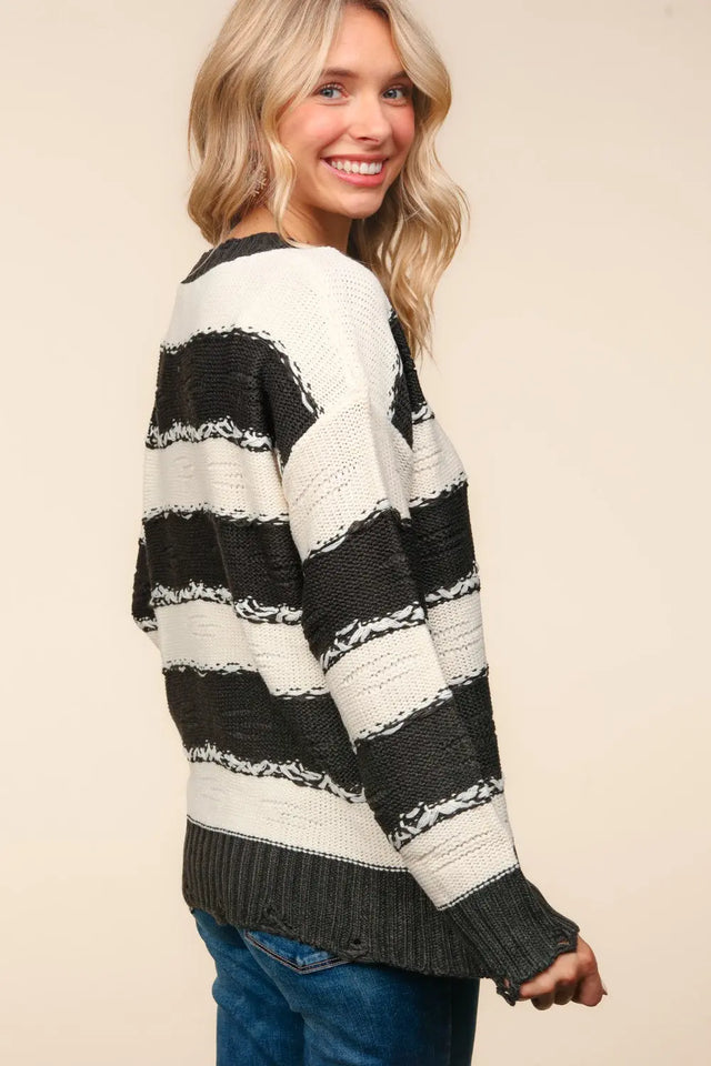 Haptics Striped Contrast Distressed Sweater Trendsi Hanalas