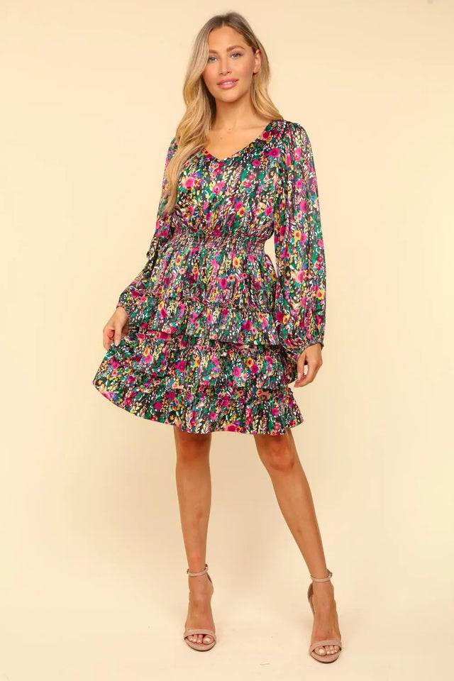 Haptics V-Neck Satin Floral Layered Dress Trendsi Hanalas