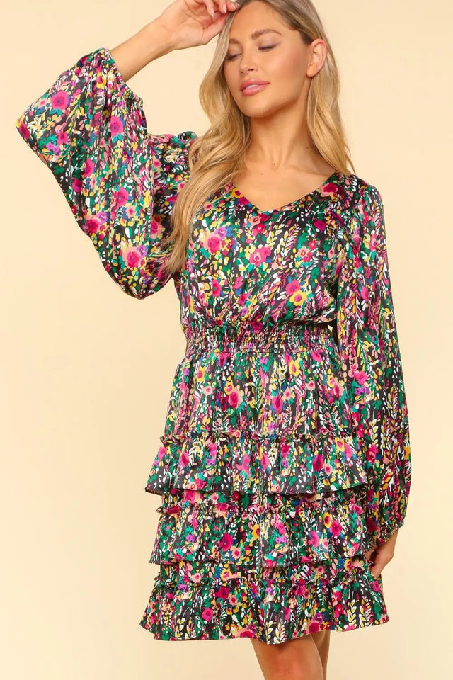 Haptics V-Neck Satin Floral Layered Dress Trendsi Hanalas