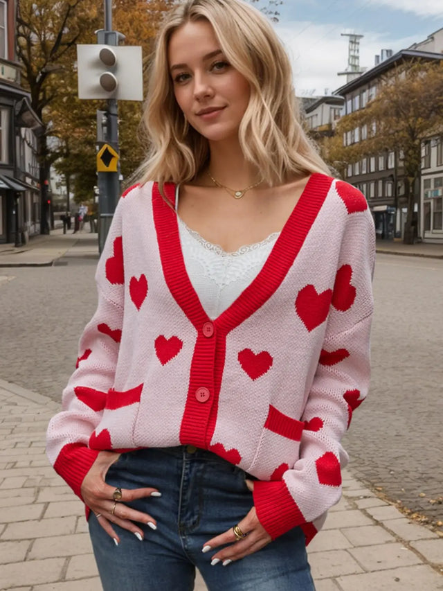 Heart Button Up Dropped Shoulder Long Sleeve Cardigan Trendsi Hanalas