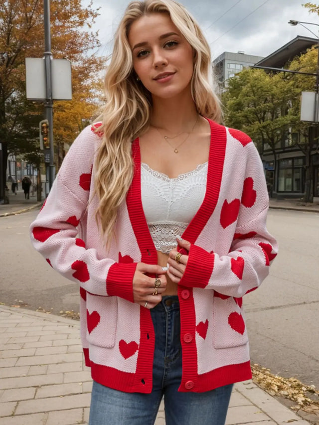 Heart Button Up Dropped Shoulder Long Sleeve Cardigan Trendsi Hanalas