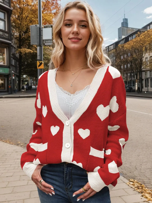 Heart Button Up Dropped Shoulder Long Sleeve Cardigan Trendsi Hanalas