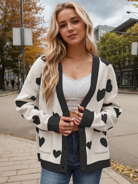 Heart Button Up Dropped Shoulder Long Sleeve Cardigan Trendsi Hanalas