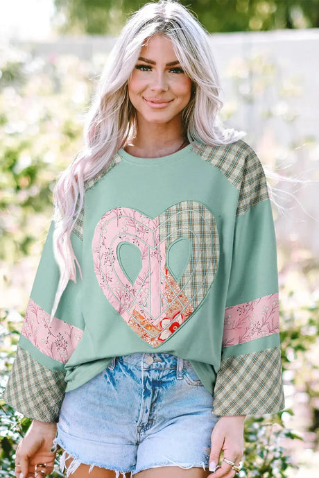 Heart Plaid Round Neck Long Sleeve Blouse Trendsi Hanalas