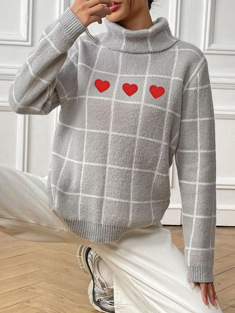 Heart Plaid Turtleneck Long Sleeve Sweater Trendsi Hanalas