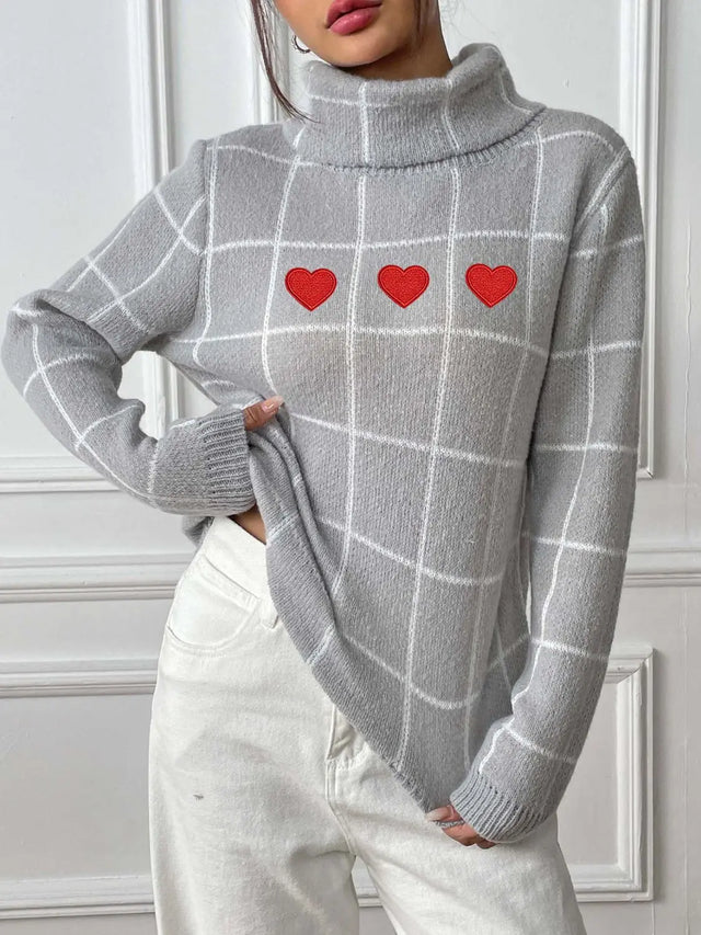 Heart Plaid Turtleneck Long Sleeve Sweater Trendsi Hanalas