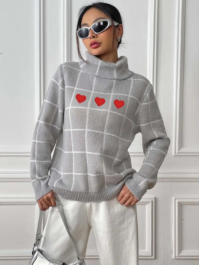 Heart Plaid Turtleneck Long Sleeve Sweater Trendsi Hanalas