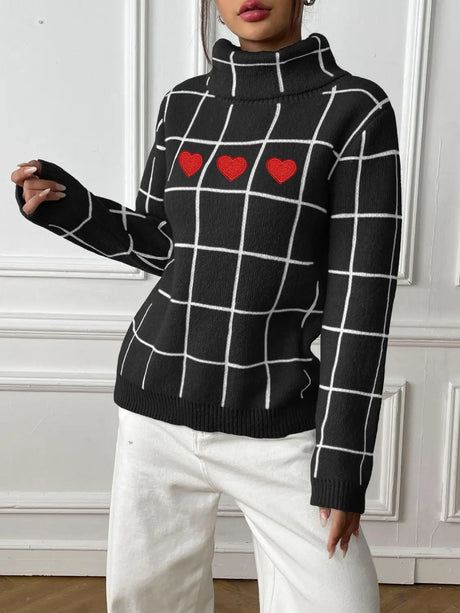 Heart Plaid Turtleneck Long Sleeve Sweater Trendsi Hanalas