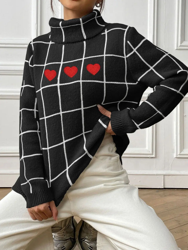 Heart Plaid Turtleneck Long Sleeve Sweater Trendsi Hanalas