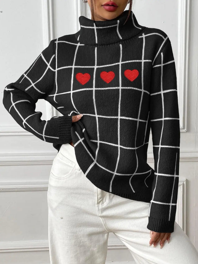 Heart Plaid Turtleneck Long Sleeve Sweater Trendsi Hanalas