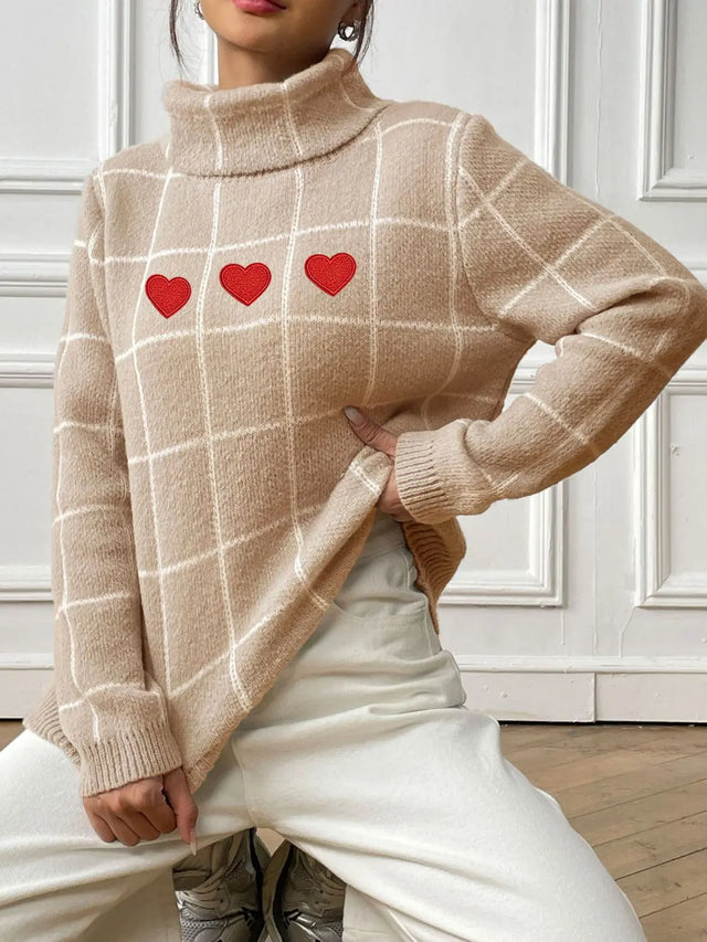 Heart Plaid Turtleneck Long Sleeve Sweater Trendsi Hanalas