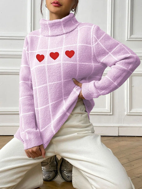 Heart Plaid Turtleneck Long Sleeve Sweater Trendsi Hanalas