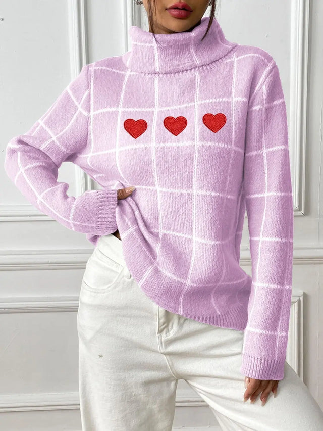 Heart Plaid Turtleneck Long Sleeve Sweater Trendsi Hanalas